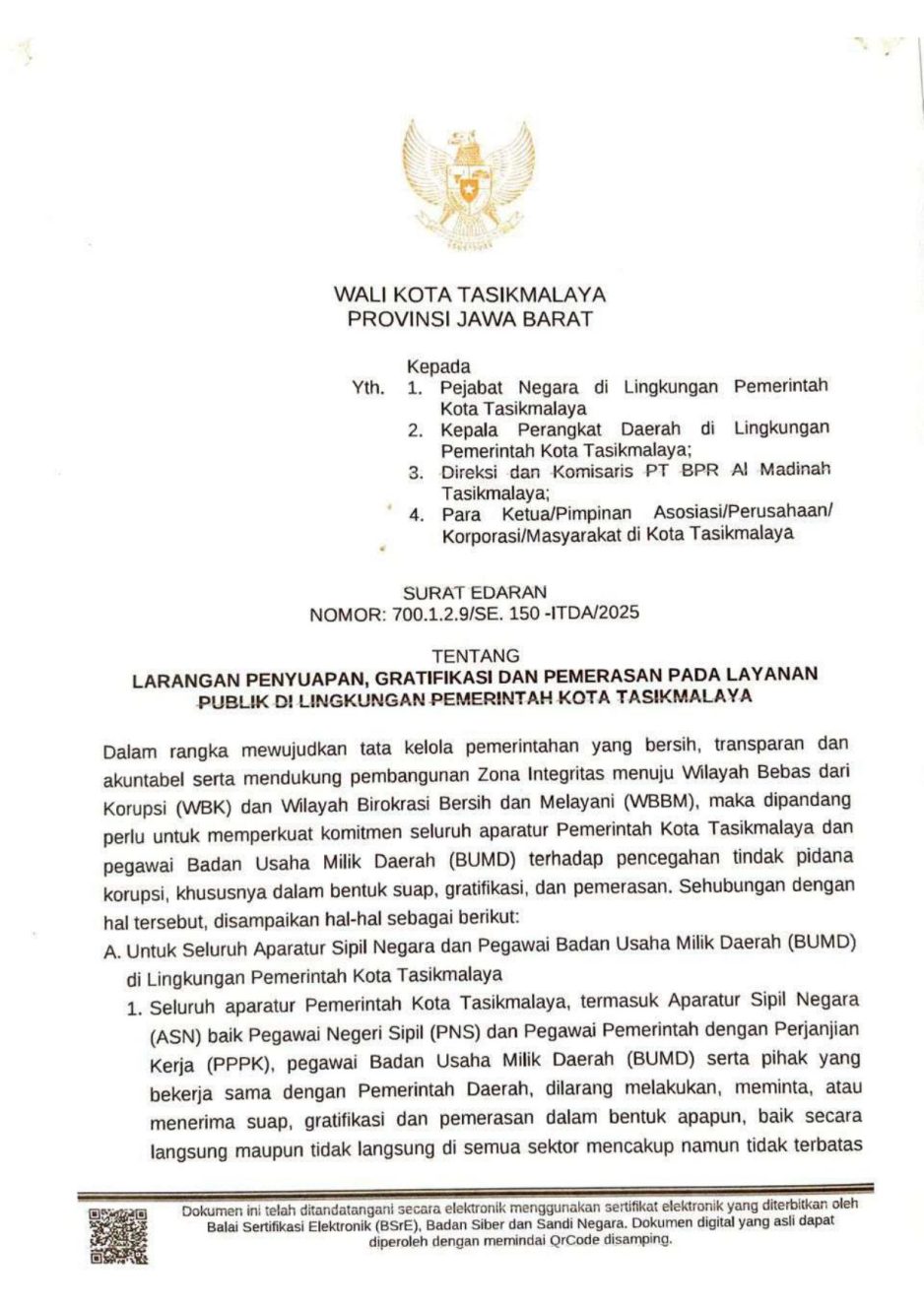 Stop Suap, Gratifikasi, dan Pemerasan! Wali Kota Tasikmalaya Terbitkan Surat Edaran Layanan Publik Bersih